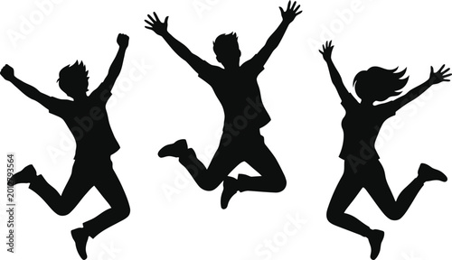 Фотография Jumping silhouettes three people celebrating success or achievement
