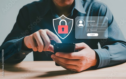 Man using his smartphone with a digital lock and shield icon for secure login and password protection