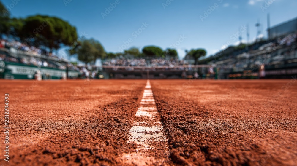 Naklejka premium Sunlight glints off a clay tennis court's textured surface. White line stretches toward distant stands filled with spectators. Crowd watches intently, anticipation in every face