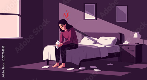 A Person Meditating On The Bed In A Depressed Room With Bad Feelings And Sorrow