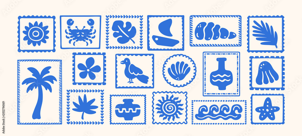 Fototapeta premium Tropical summer elements in exotic shape stickers. Decorative frames border. Post stamp vacation beach. Hand drawn palm tree, sun, flower, boat, seashell, wave,leaf, bird. Vector ocean travel print.