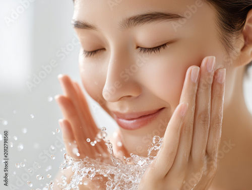 新鮮な水で洗顔する若いアジア人女性のスキンケア