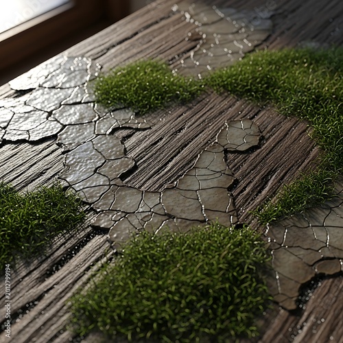 Natural weathered wood surface decorated with lush green moss and cracked earth clay.