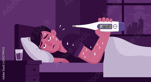 A Person Suffering From Fever Checks Temperature While Resting In Bed At Night