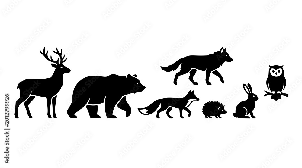 Obraz premium Minimal forest wildlife silhouette vector collection for education and marketing design