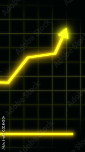 Neon yellow line graph depicting strong upward trend. Neon yellow line graph chart animation. Purple line graph depicting upward trend on grid.