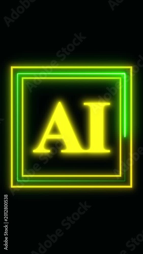 AI text logo with double neon green and yellow borders. AI text logo artificial intelligence symbol. AI text logo animation on black background.