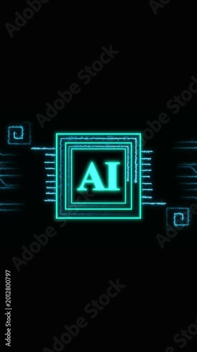 Cyan neon AI symbol with electric circuit design. Cyan neon AI symbol artificial intelligence. AI text logo animation on black background.