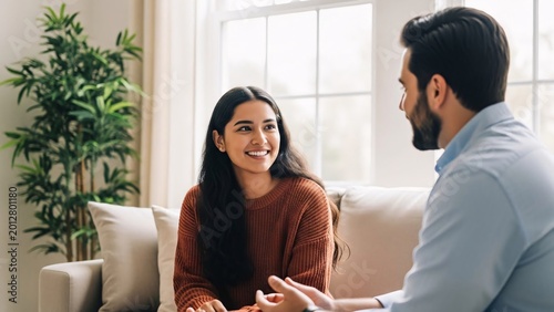 Happy woman and male therapist engaging in a counseling session in a cozy bright living room with large window and green plant for mental health support and emotional well-being