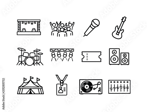 Live music events. Line outline icon set of Live music events: concert stage, crowd audience, microphone,