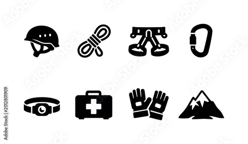 Safety in extreme environments. Filled icon set of safety in extreme environments: climbing helmet, safety