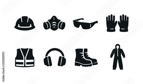 Personal protective equipment. Filled icon set of personal protective equipment: hard hat, respirator mask,