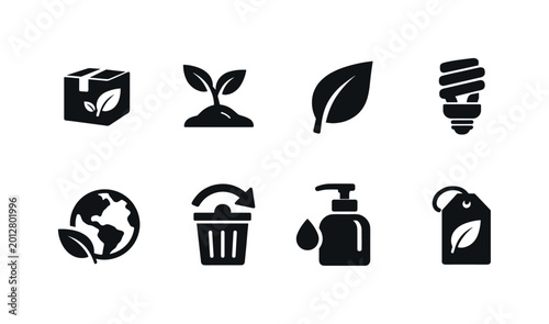 Green product design. Filled icon set of green product design: eco packaging, biodegradable material, leaf
