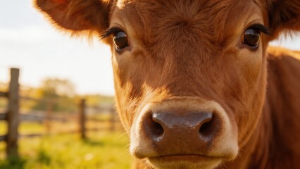 A brown cow stands in a green field with a wooden fence in the background under a clear sky, looking directly at the camera with its ears perked up and a calm expression