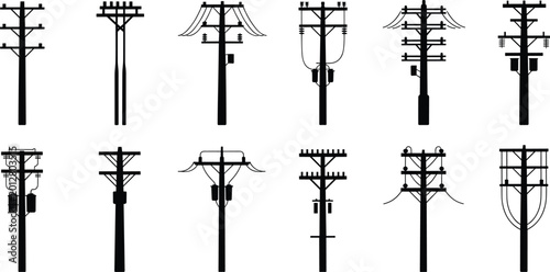 Bild auf Leinwand Collection of utility pole silhouettes with transformers and overhead electrical