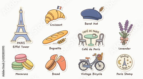 фотографія A charming collection of iconic French symbols, including the Eiffel Tower, croissants, baguettes, macarons, berets, lavender, and a vintage bicycle