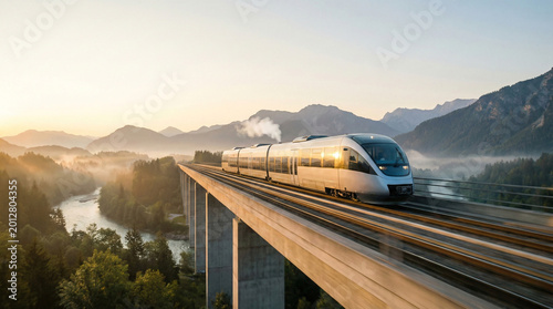 Modern high speed electric train crossing concrete bridge in mountains at sunrise.