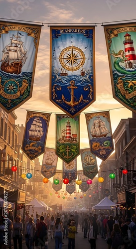 Nautical themed festival banners hanging above a crowded city street.