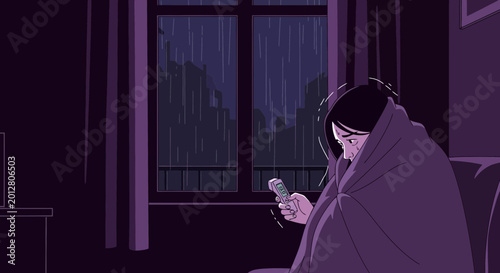 A Person, Wrapped in Comfort, Checks Their Phone While Watching the Rain Fall Outside