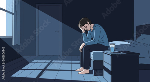 A Personified Depiction of Despair and Loneliness in a Dimly Lit Bedroom Scene