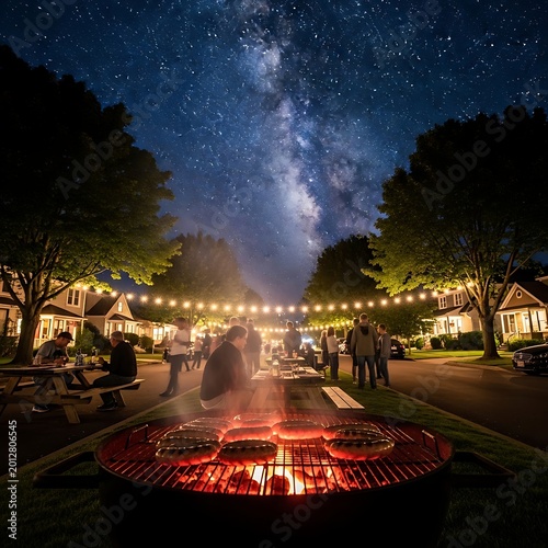 Neighborhood block party at night under the milky way galaxy.