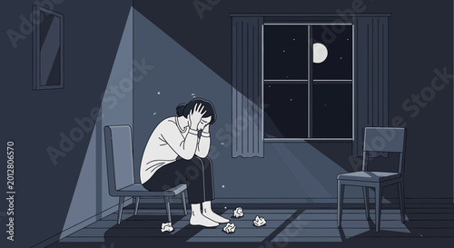 A Personified Illustration Depicting Loneliness And The Weight Of Depression In The Dark