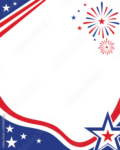 Patriotic fireworks border with stars and waving stripes background