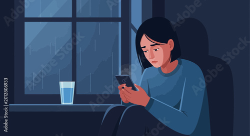 A Sad Young Woman Watches Her Phone in a Dark Room Near a Window During a Storm