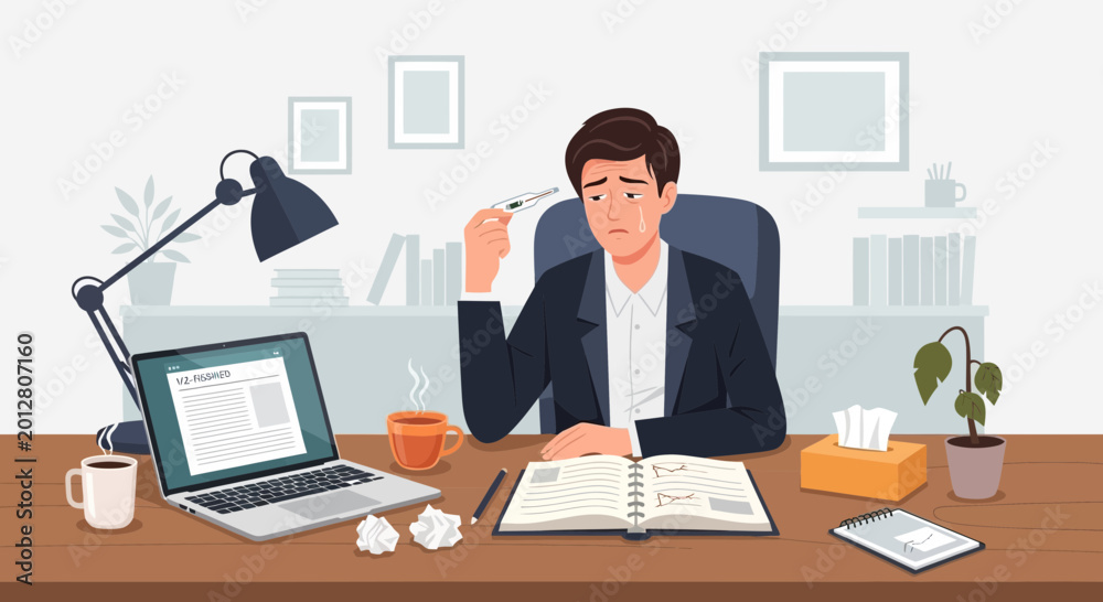 Fototapeta premium A Sick Businessman At His Desk Checking Thermometer Suffering From Illness and Stress