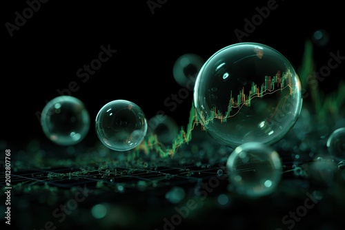 Financial Bubbles: Transparent bubbles reflect a financial chart, symbolizing the volatile nature of the market with a touch of uncertainty. A metaphor for risk and speculation.