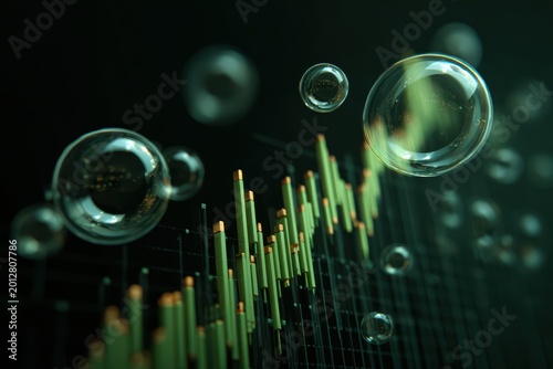 Market Volatility: A close-up view of an abstract illustration depicting fluctuating financial data, symbolized by a graph chart amid transparent bubbles.