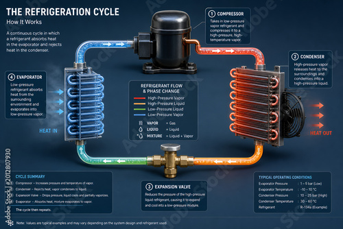 Obraz na płótnie Refrigeration Cycle Working Principle HVAC System Infographic