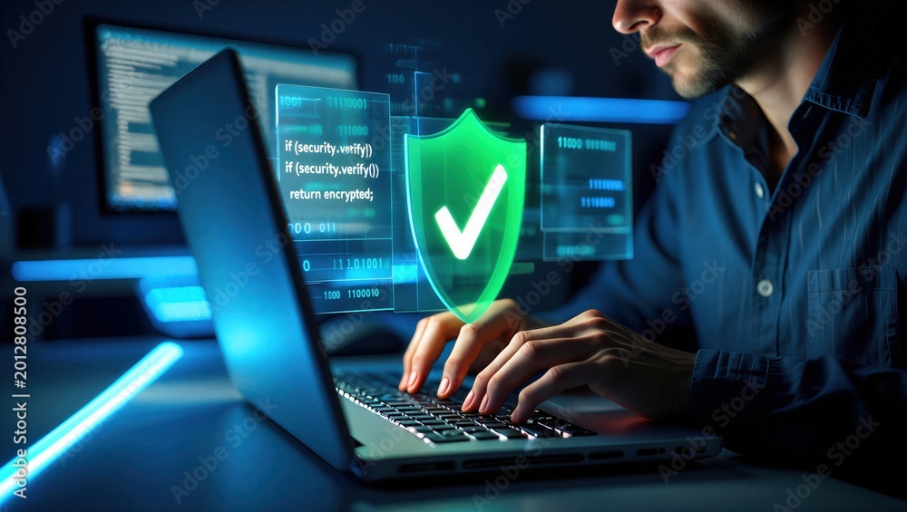 Fototapeta premium Cybersecurity protection concept with secure shield icon over laptop and source code. Data security, encryption, privacy protection and network defense for safe digital technology and IT systems.