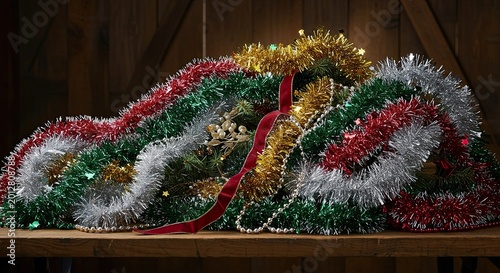 Festive Garland with Colorful Tinsel and Red Ribbon on Wooden Surface