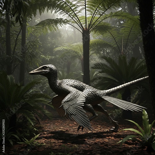 Large prehistoric bird in forest habitat.
