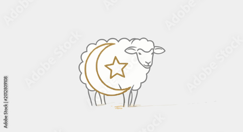 Elegant line art sheep illustration featuring a prominent golden crescent moon and star, representing sacred Islamic traditions, spiritual devotion, and celebratory communal gatherings