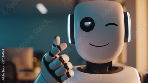 Friendly AI Assistant Heart Eye Robot Winking And Waving Customer Loyalty Tech Concept Office Bokeh Video Loop
