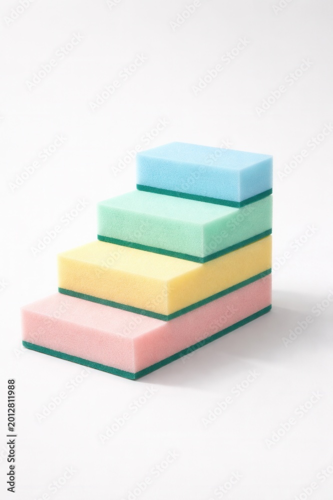 Fototapeta premium Colorful cleaning sponges stacked minimal composition household hygiene concept soft pastel design