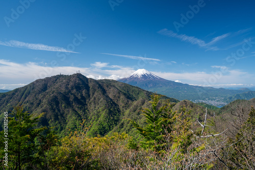 新緑が広がりつつある山並みと富士山の風景