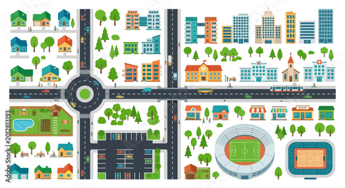 City map illustration with buildings roads and parks