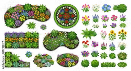 Cuadro en lienzo garden beds and flower arrangements top view vector illustration