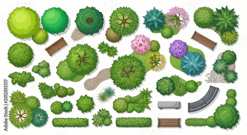Εκτύπωση καμβά Top view trees bushes and park elements vector illustration on white background