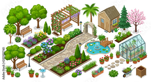 Φωτογραφία isometric garden landscape with trees pond and greenhouse
