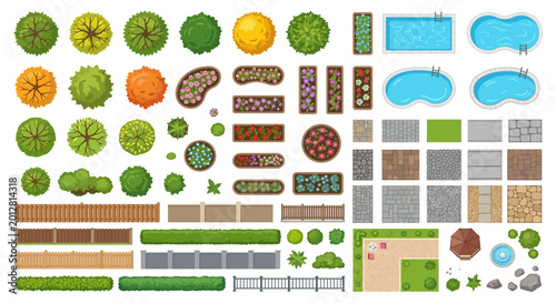 Fotografi garden elements top view trees flowerbeds pools and paving stones