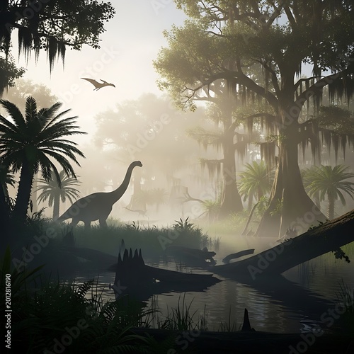 Majestic Brachiosaurus Dinosaur in a Prehistoric Misty Swamp Landscape.