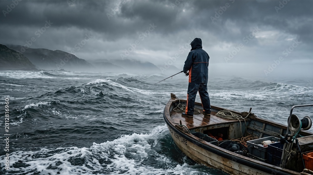 Obraz premium Fisherman casting line from boat in heavy seas under stormy sky