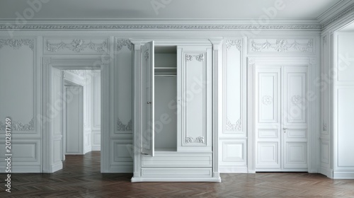Elegant white room featuring a classic wardrobe with intricate moldings, high ceilings, and wooden flooring, creating a timeless, sophisticated atmosphere for stylish interiors.