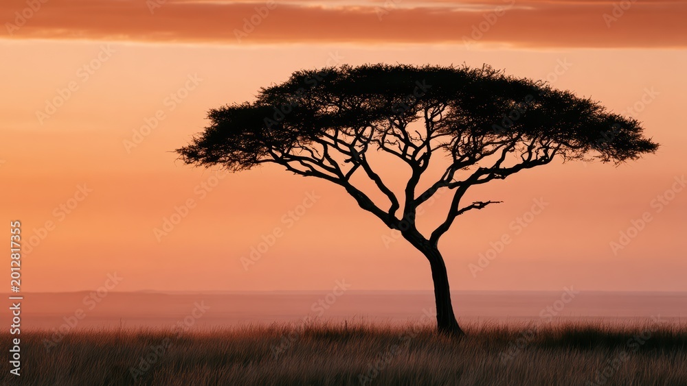 Obraz premium Lone Acacia Tree Silhouetted Against a Beautiful, Warm African Sunset Over the Serene Savanna Landscape