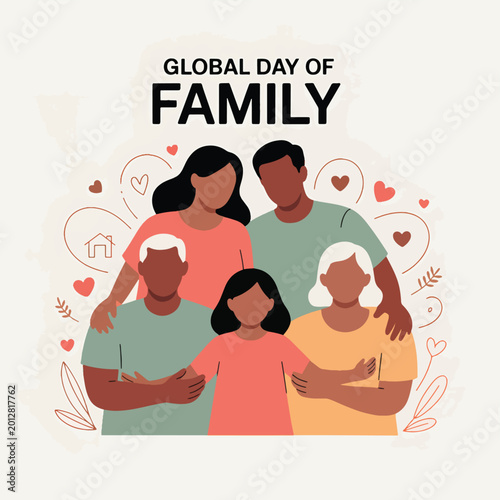Canvastavla Global day of family with a multi-generational family group, hearts, and line pa