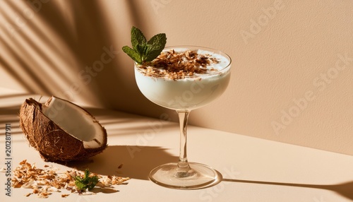 Creamy coconut cocktail in a stemmed glass garnished with fresh mint leaves and toasted coconut flakes on a beige surface with tropical palm leaf shadow patterns